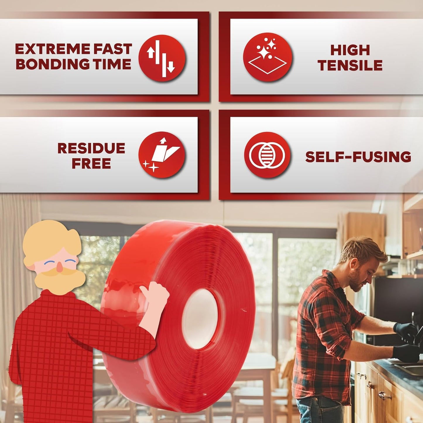 XFasten Self Fusing Silicone Tape Waterproof – 1" x 36 Feet Red, Self Amalgamating Tape, Silicone Rubber for Plumbing, Sealing Pipes, Hose Repair, Outdoor Coax and Electrical Cables – Weatherproof