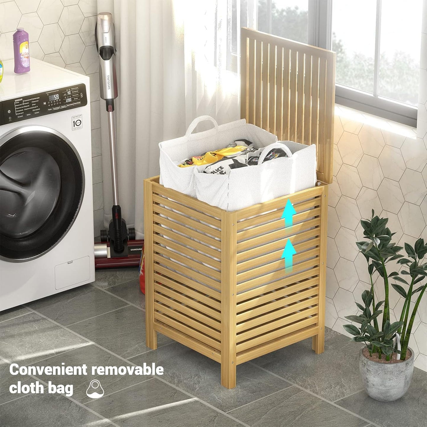 Homykic Bamboo Laundry Hamper with Lid, 120L Large Clothes Laundry Sorter with Removable 2-Section Liner Bag, Raised Laundry Basket Organizer for Clothing, Bathroom, Bedroom, Laundry Room, Natural