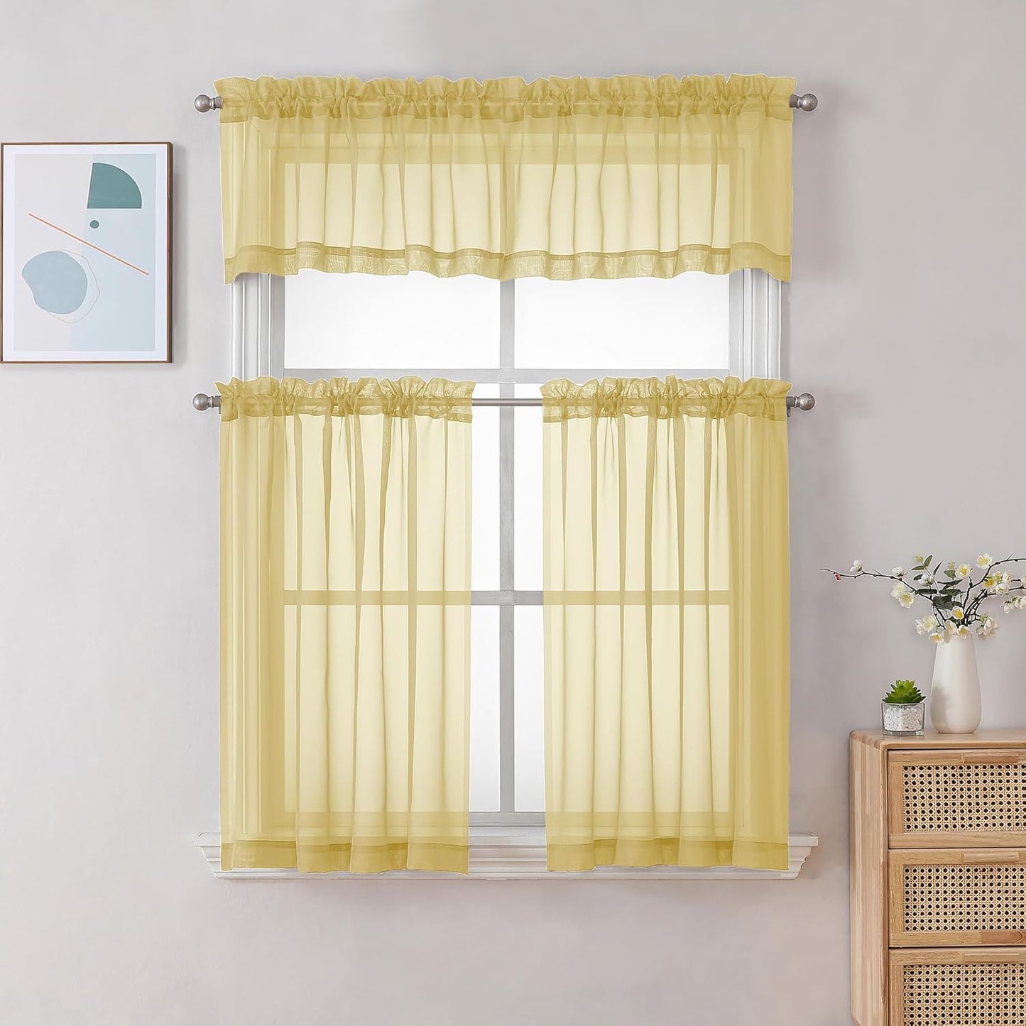 Chyhomenyc Sheer Yellow Tier Curtains 24 Inch Length, Small Window Curtains Treatment for Bathroom Living Room Basement, Short Rod Pocket Cafe Curtain, 42W x 24L Inches, 2 Panels