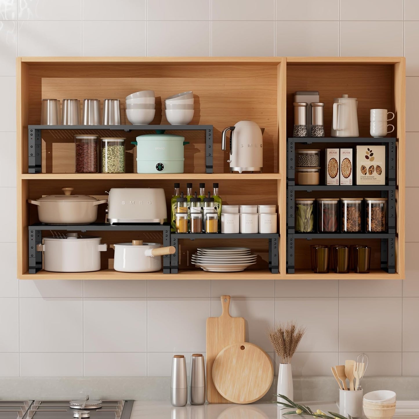 Metal Stackable Expandable Storage Shelf - Multi-Functional Home Storage Shelf, Suitable for Kitchen, Cabinet，Bathroom, Office, Garage, etc.（2PACKS/Black/Large