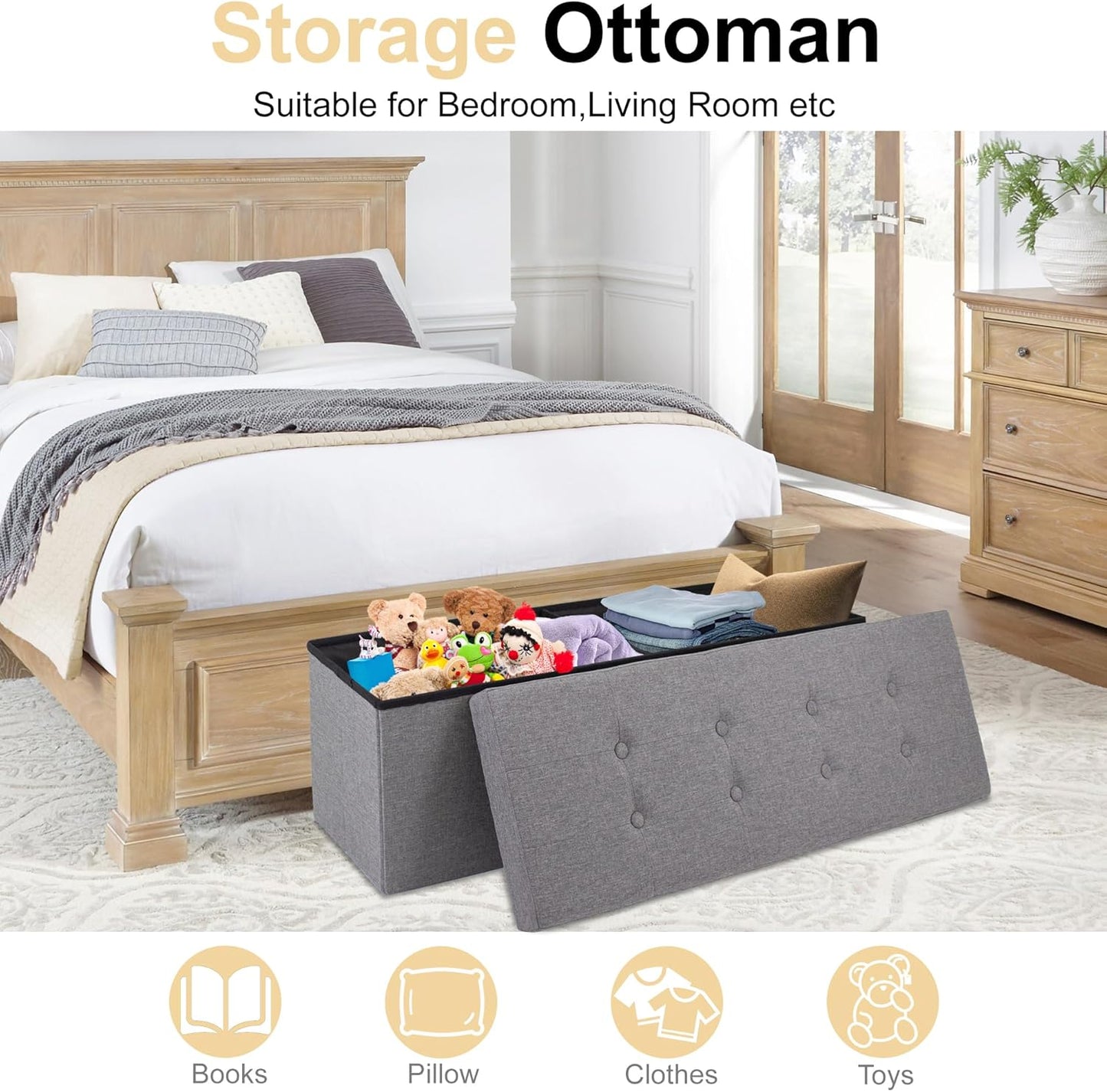 GLAXYFUR 43 Inches Folding Storage Ottoman Bench, Storage Chest, Footrest for Entryway, Living Room, Holds up to 660 lb, Light Grey