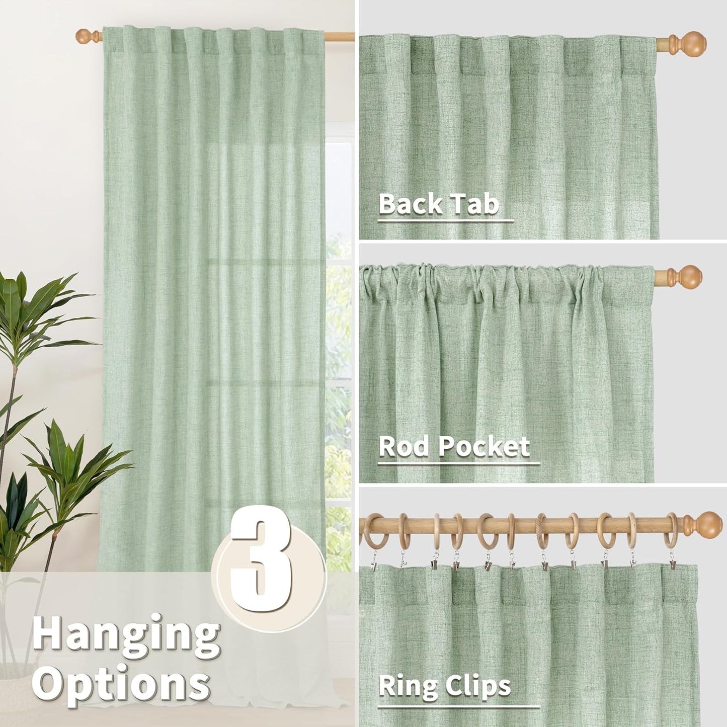 YoungsTex Sage Green Linen Semi Sheer Curtains 40 Inch Length for Kitchen Window, Short Drapes Light Filtering with Rod Pocket Back Tab for Cafe Bathroom, 2 Panels, 42 X 40 Inch