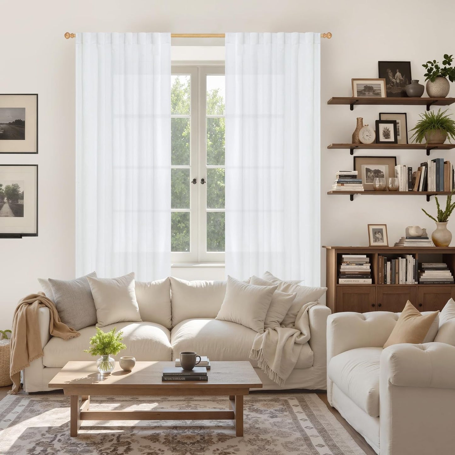 YoungsTex 72 Inch Length White Linen Curtains for Living Room 2 Panels, Rod Pocket Back Tab Semi Sheer Drapes for Light Filtering Window Treatments for Bedroom Dining, 52 X 72 Inch