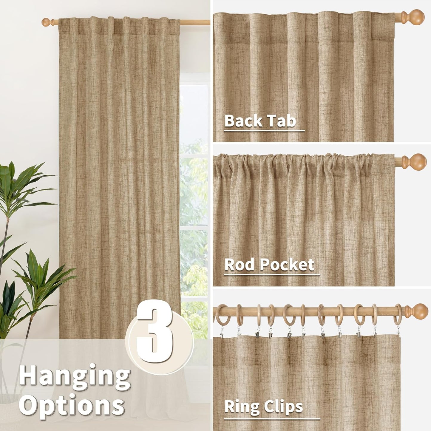 YoungsTex Burlap Linen Semi Sheer Curtains 72 Inch Length for Living Room, Semi Sheer Window Treatments Light Filtering with Rod Pocket Back Tab for Farmhouse Bedroom, Toffee, 2 Panel, 52 X 72 Inch
