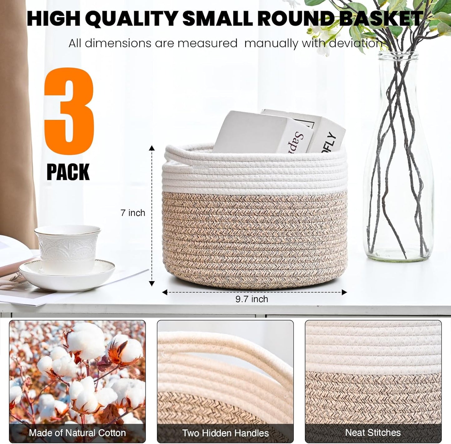 Small Storage Baskets for Organizing, Organizer Baskets for Shelves, Small Woven Basket for Storage, Cute Brr Basket for Gifts Empty, 9.7"×9.7"×7" (3 Packs) Off White & Brown