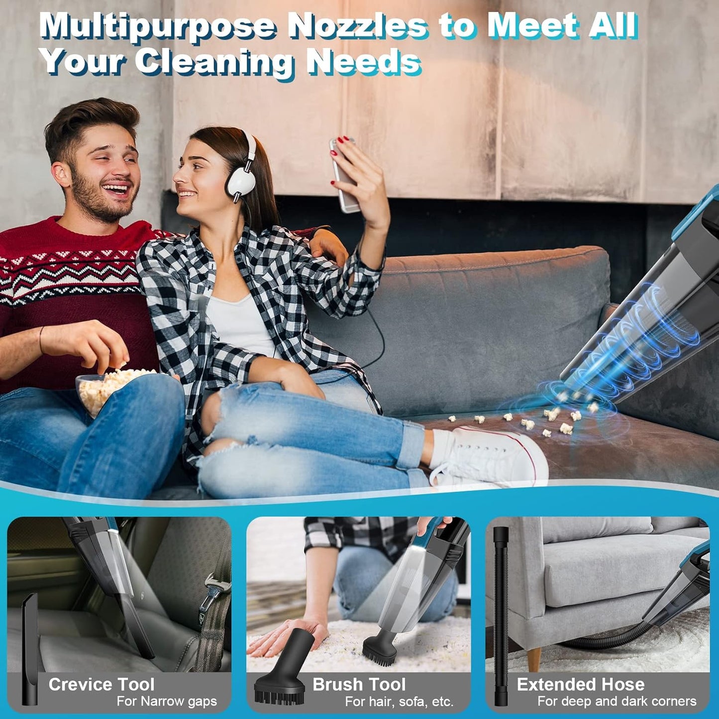 Cordless Car Vacuum Lightweight High Power Handheld Vacuum Cleaner with LED Light, Hand Vacuum for Car Home Office and Pet Hair, BlackBlue