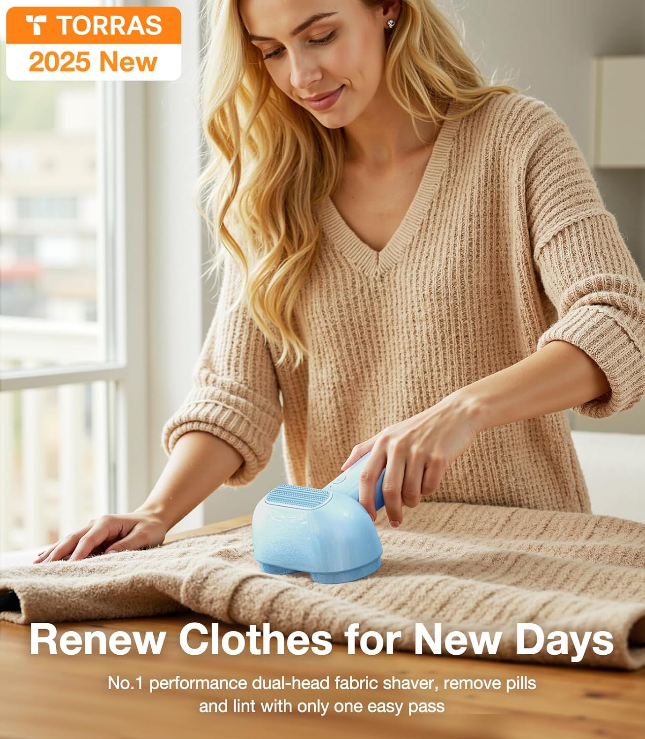 TORRAS Dual-Head Fabric Shaver, Longest Durability & 50ml Large Capacity Rechargeable Lint Removers to Remove Pills, 6-Leaf Blades Defuzzer, Electric Shaver for Clothes Couch Furniture, Sky Blue