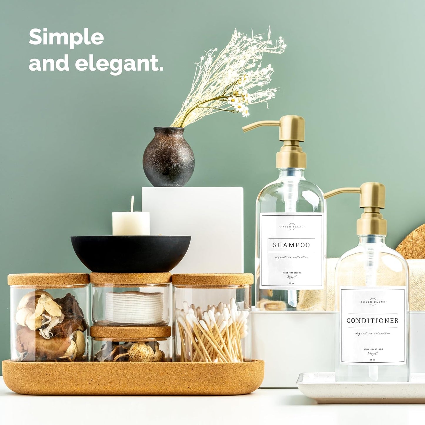 Vine Creations Glass Soap Dispenser, 2 Pack Kitchen Soap Dispenser Set with Ceramic Tray, Stainless Steel Pump, Dish Soap and Hand Soap Dispensers for Bathroom or Kitchen Decor with Waterproof Labels