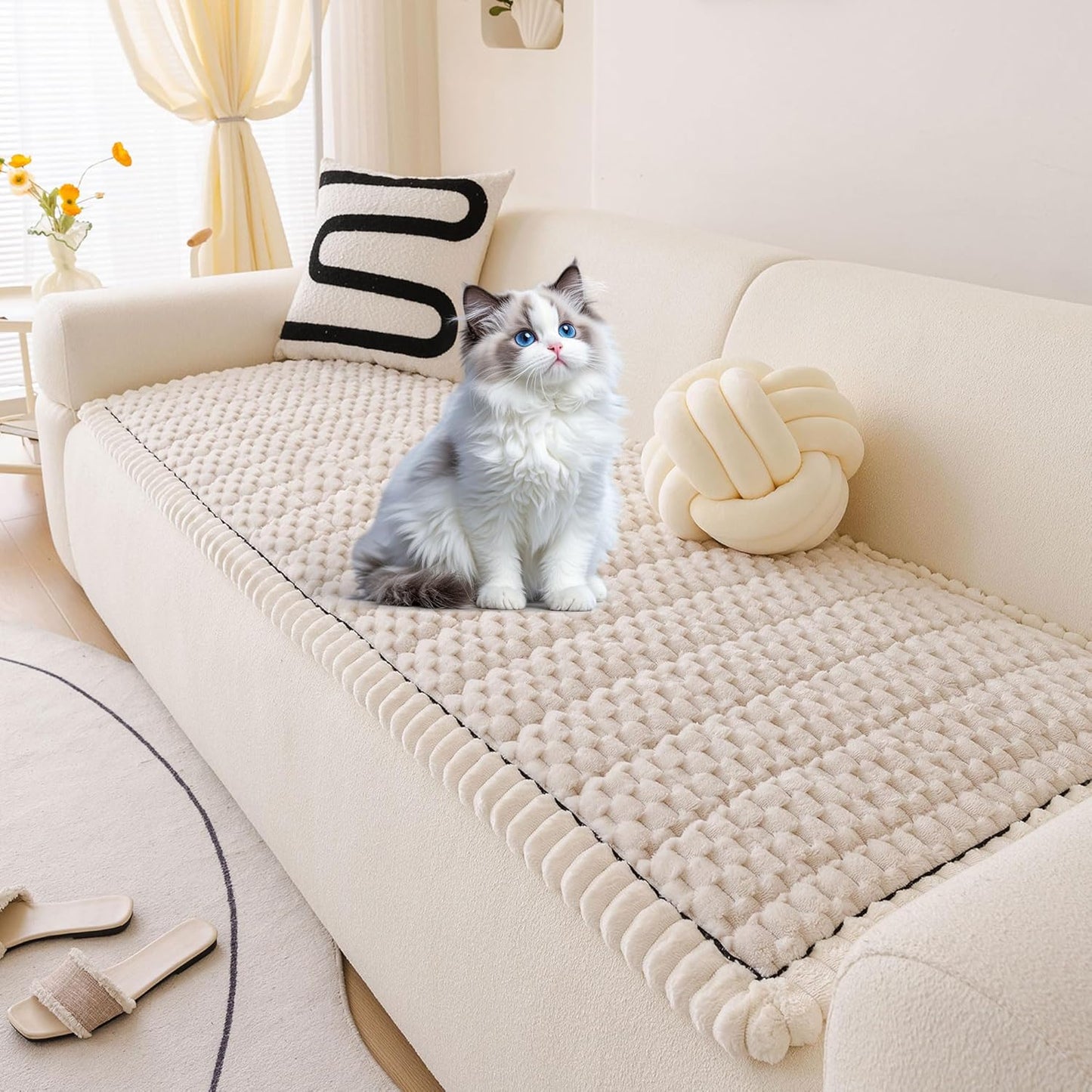 OTOB Couch Covers for Dogs Washable, Non Slip Plush Fuzzy Sofa Slipcovers Dog Cushion Mat, Soft Cozy Kids Pet Friendly Furniture Protector Sofa Cover, All Seasons (Cream, 31.5" x 63.0'')