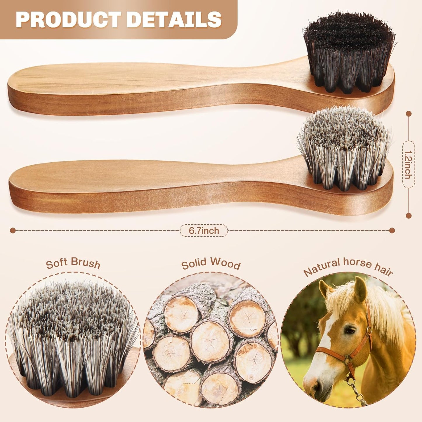 4 Pcs Horsehair Shine Shoes Brush Kit Polish Dauber Applicators Cleaning Leather Shoes Boots Care Brushes Suede Cleaner Brush with Microfiber Shoe Cloth(Wooden Handle B)