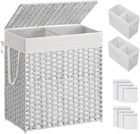 SONGMICS Laundry Hamper with Lid, 110L Clothes Hamper with 2 Removable Liner Bags, 6 Mesh Bags, Wicker Laundry Basket, Double Laundry Hamper for Laundry Room, 13 x 22.4 x 23.6 Inches, White ULCB52WT