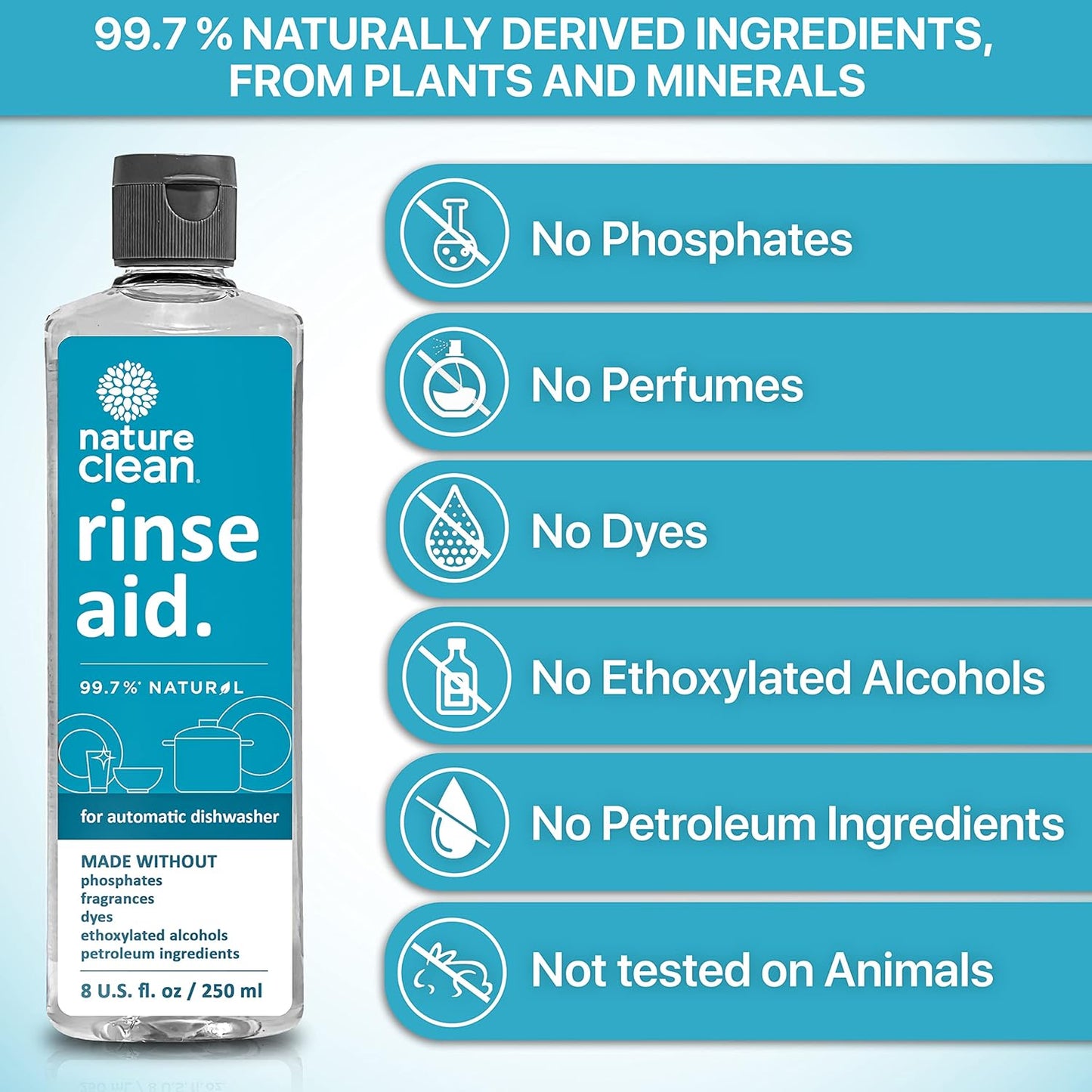 Nature Clean All Natural Dishwasher Rinse Aid Cleaner, Liquid Dishwasher Rinse Agent for Spot-Free Glass & Cutlery in Hard Water, Non Toxic Dish Washer Rinse Aid & Stain Remover, 8 oz/250ml, Pack of 3