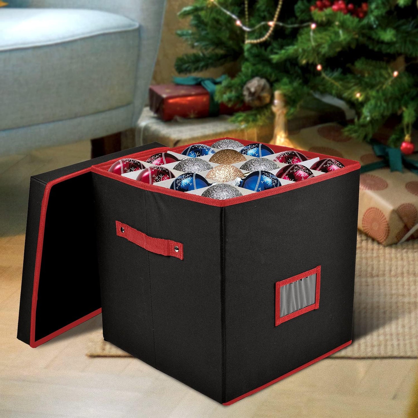 Holiday Cheer Premium Christmas Ornament Storage with 4 Tray – Christmas Storage Container with Dividers Perfect for Holiday Decorations– Fits 64 Holiday Ornaments – Tear-Proof Fabric