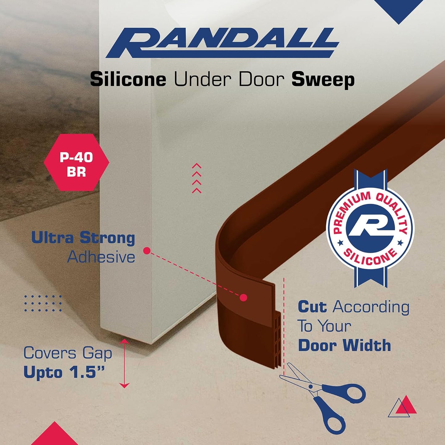 Adhesive Backed Door Draft Stopper – Silicone Under Door Sweep for Interior & Exterior Doors, Noise & Air Insulation, Self Stick Weather Stripping Door Seal, 2" W x 39" L (Brown) by Randall Mfg