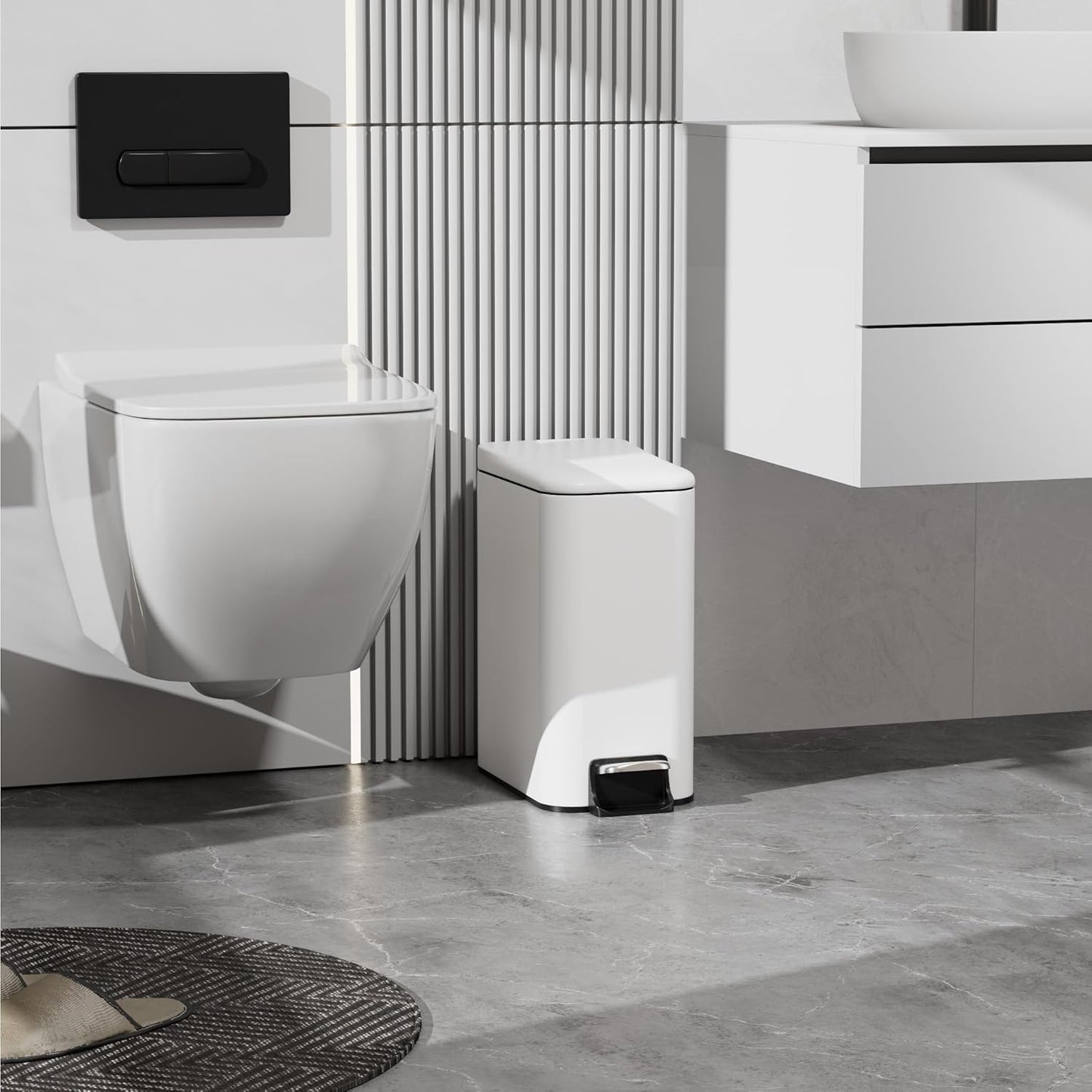 Small Trash Can with Lid Soft-Close, 6 L/1.6 Gal Bathroom Garbage Can with Removable Inner Bucket, Step Pedal, Stainless Steel Wastebasket for Kitchen, Bathroom, Bedroom, Office, White