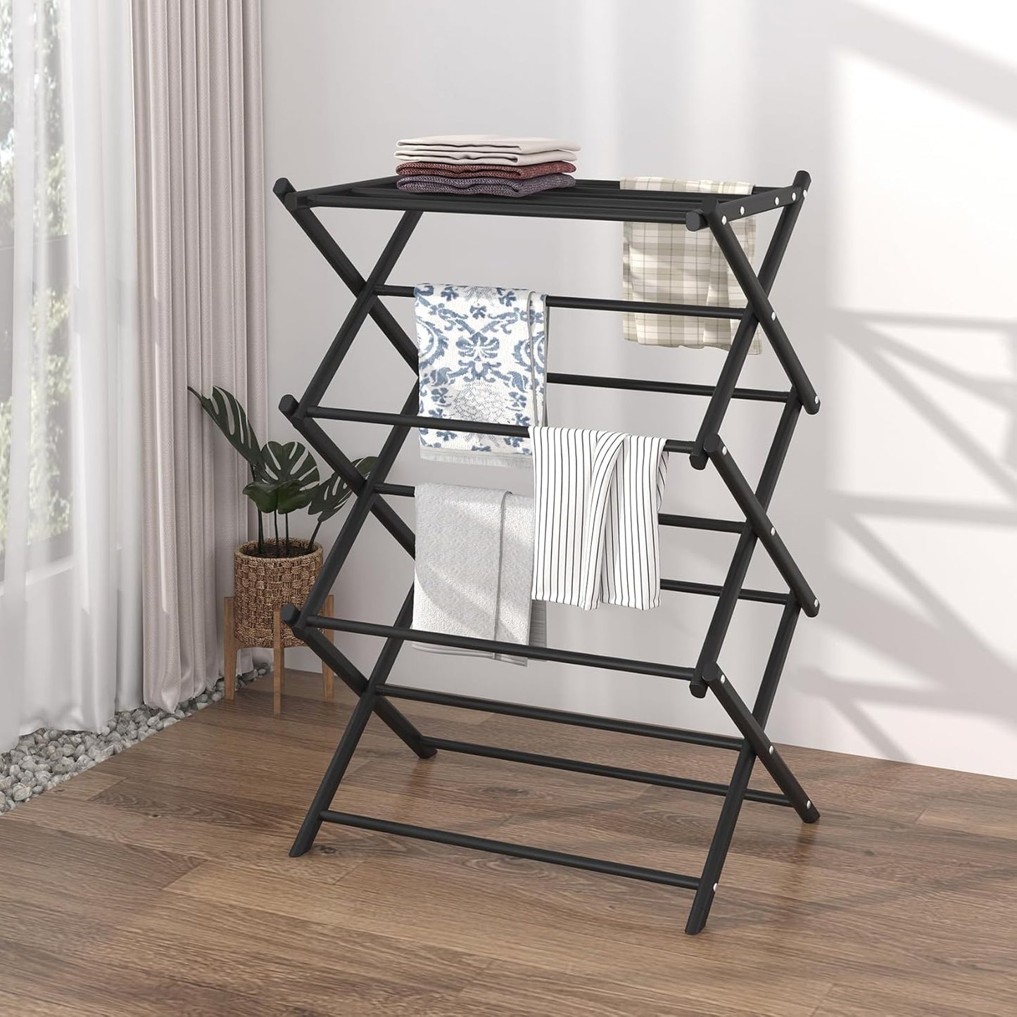 Household Indoor Folding Clothes Drying Rack, Dry Laundry and Hang Clothes,Towel Rack (Black)