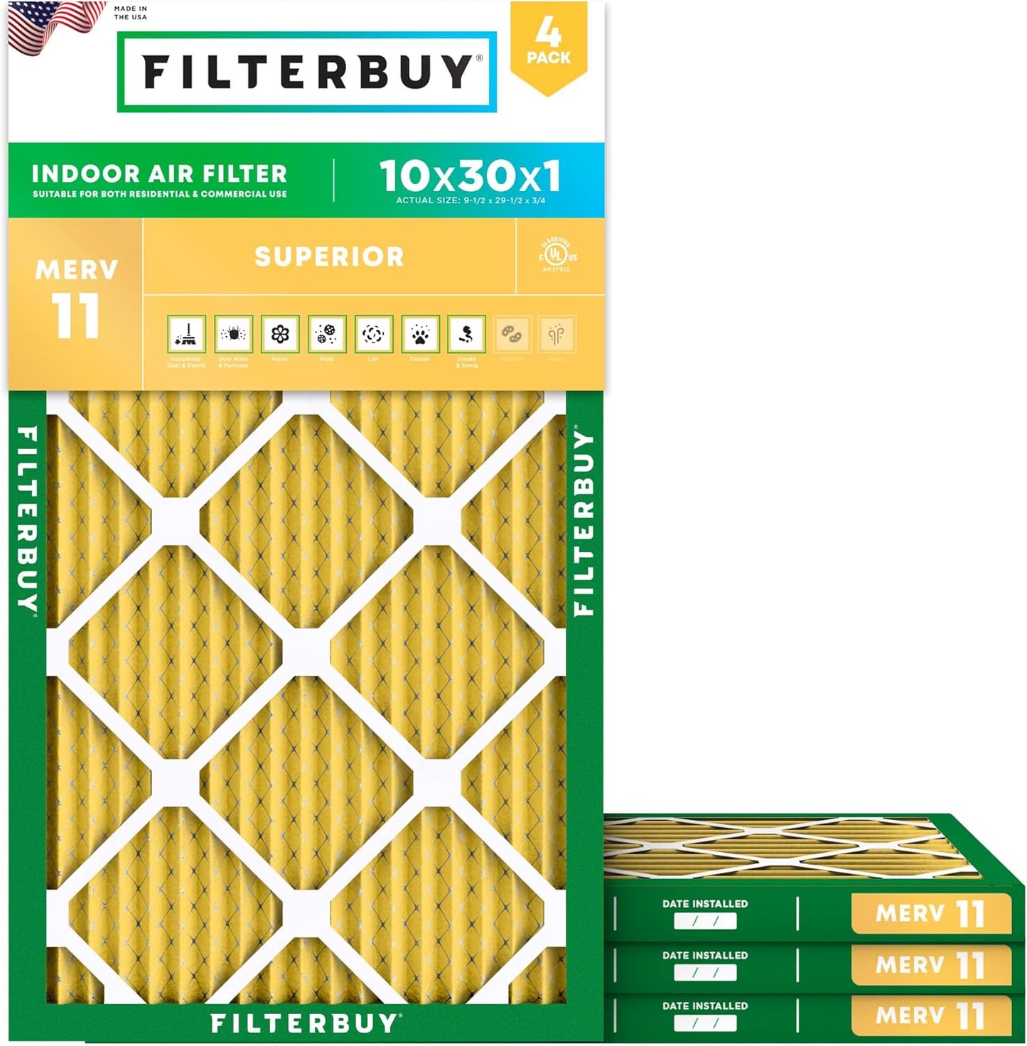 Filterbuy 10x30x1 Air Filter MERV 11 (MPR 1200) Allergen Defense Replacement (4-Pack), Electrostatic Pleated HVAC AC Furnace Filters, Made in USA (Actual Size: 9.50 x 29.50 x 0.75)