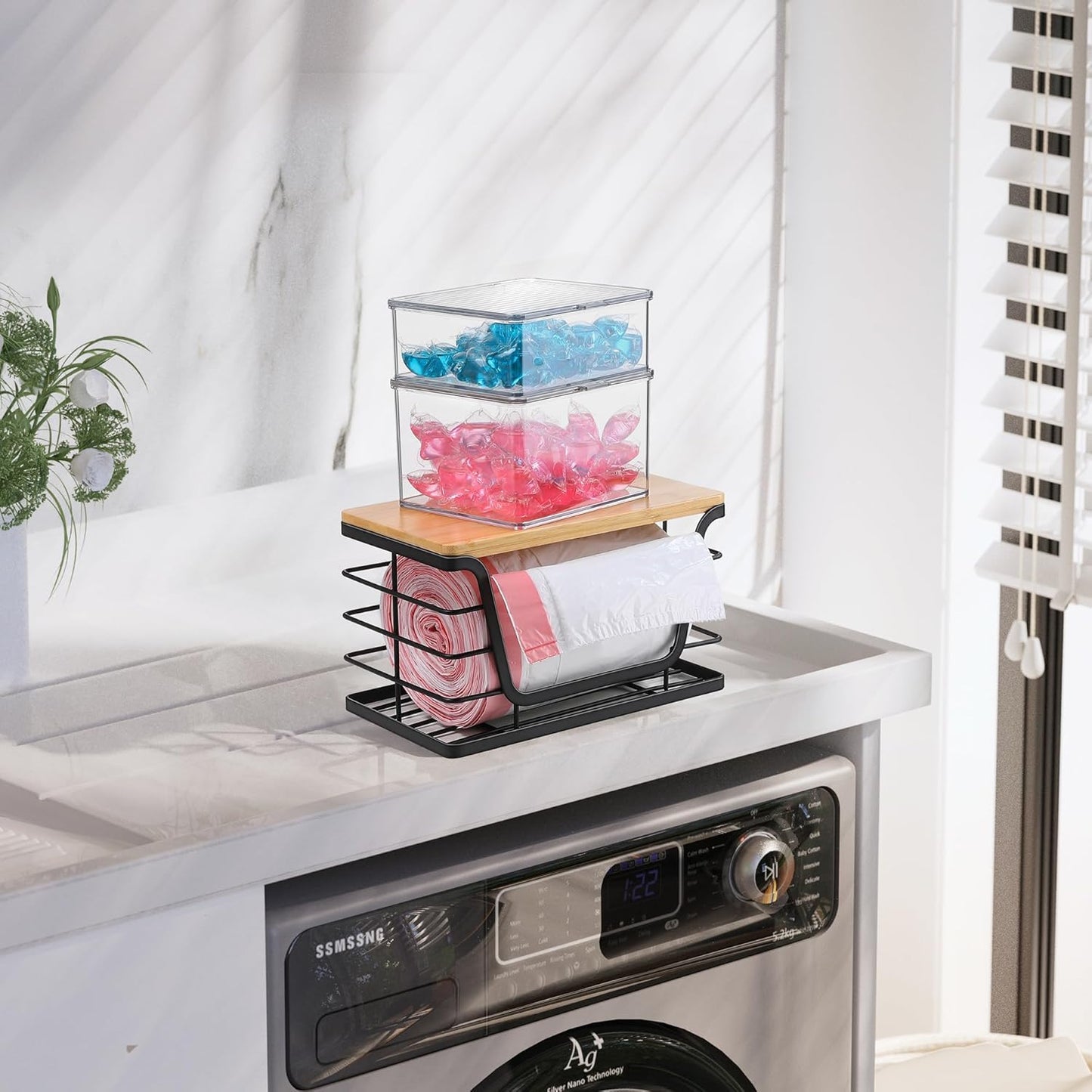 ALOCEO Small Wall Basket, Stainless Steel Adhesive Cabinet Door Organizer with Bamboo Top for Kitchen, Cabinet, Pantry, Black