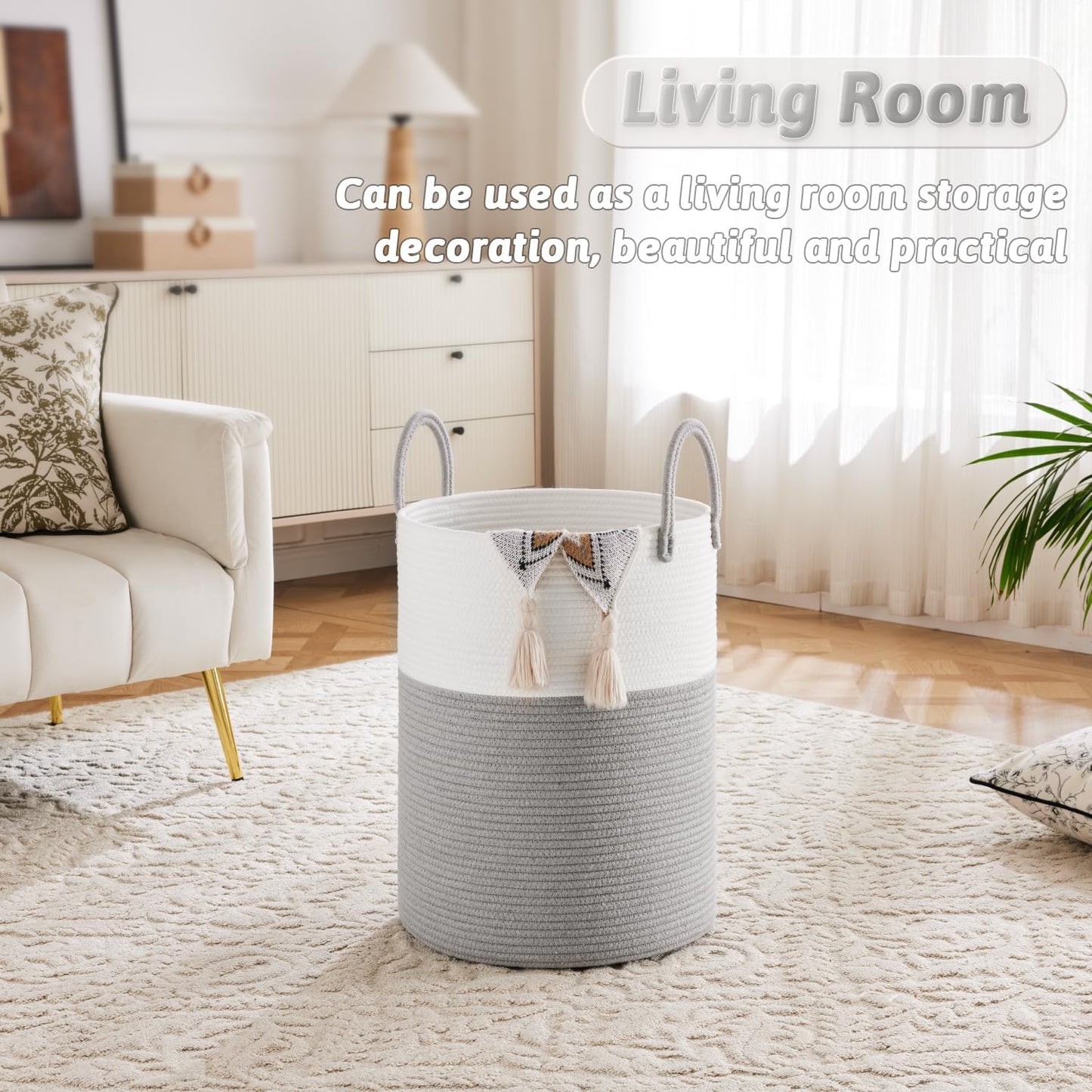 Laundry Basket,Woven Cotton Rope Laundry Hamper,60L for Decorative Storage of Dirty Clothes,Toys and Blankets in Bathroom,Baby Room and Living Room