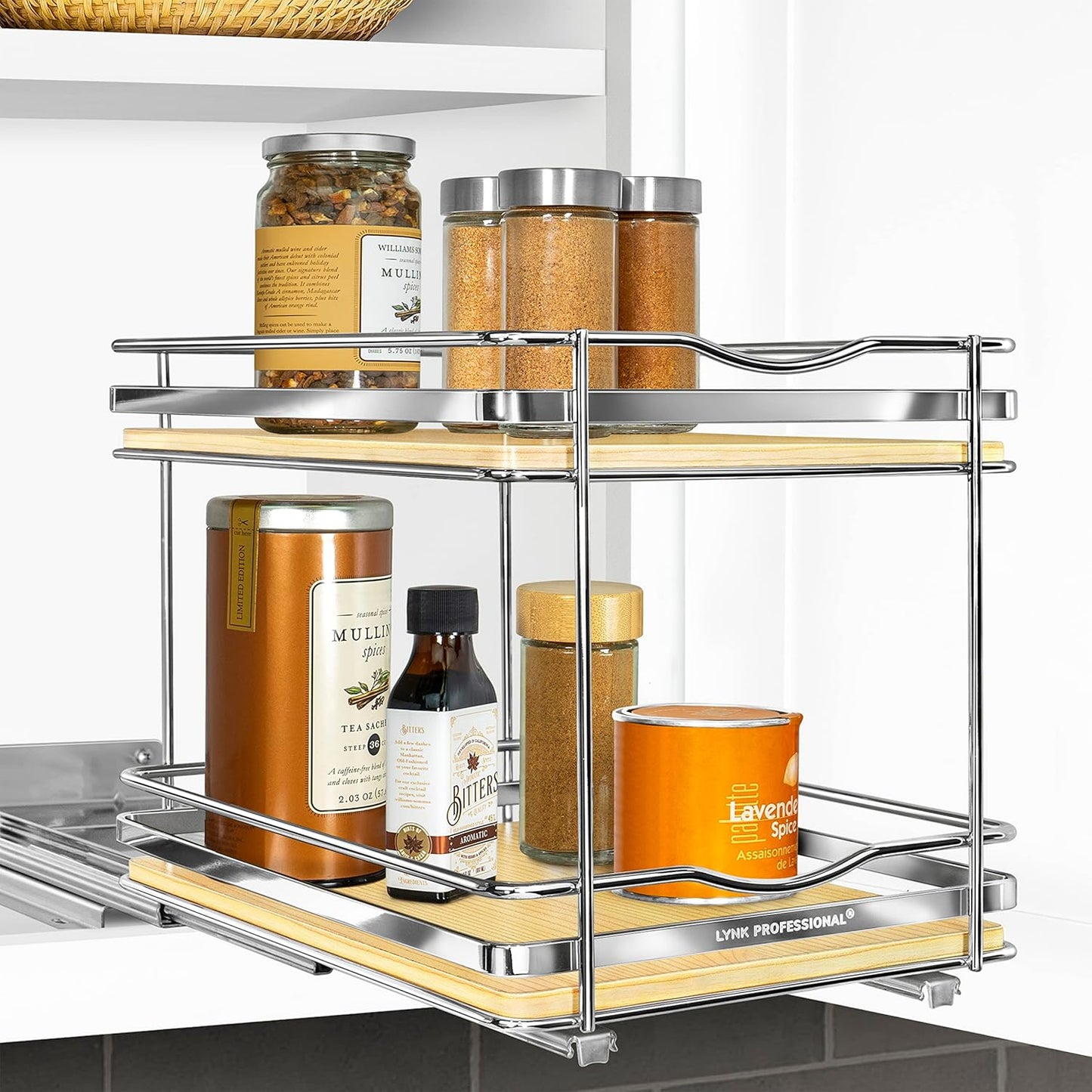 LYNK PROFESSIONAL® Élite™ Pull Out Spice Rack Organizer for Inside Kitchen Cabinets - 8-1/4 inch Wide - Slide Out Drawer – Wood/Chrome Sliding Spice Cabinet Organization Shelf Racks - 2 Tier