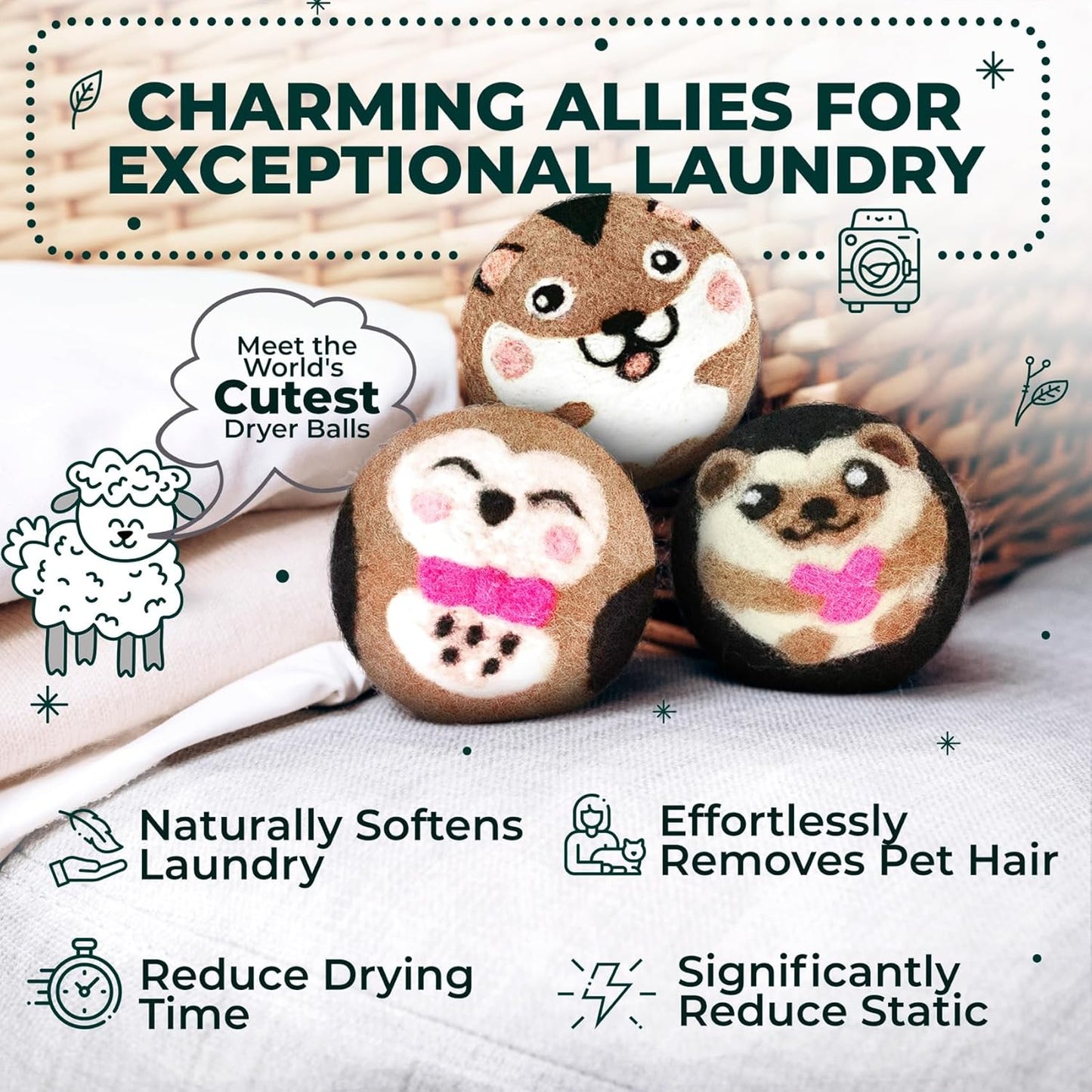 No More Dryer Sheets! Reusable Wool Dryer Balls XL 6-Pack - Reduces Static, Cuts Dry Time, & Softens Naturally