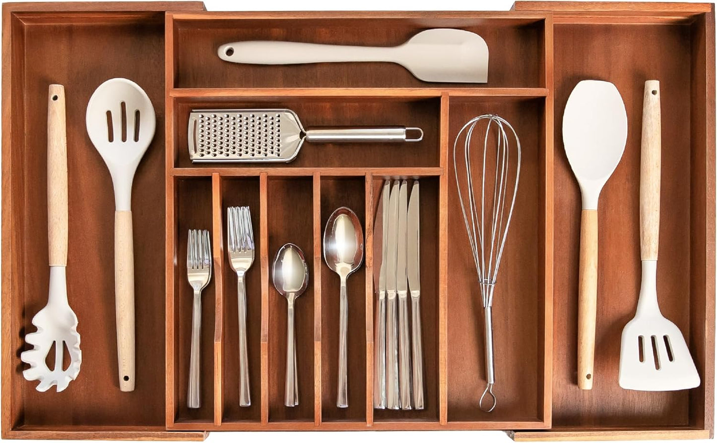 KitchenEdge Premium Silverware, Flatware and Utensil Organizer for Kitchen Drawers, Food-Safe Contract Grade, Expandable from 16 to 28 In, Natural Acacia