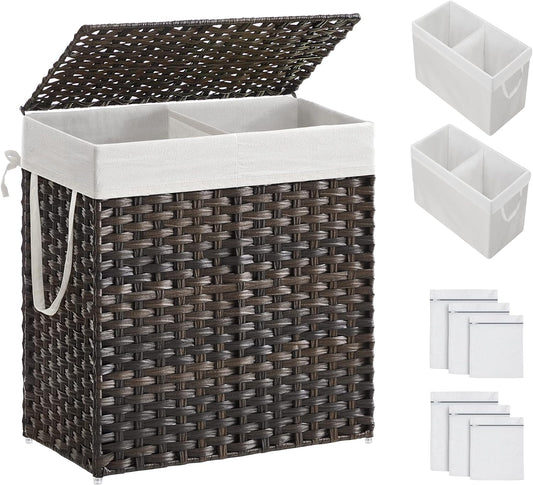 SONGMICS Laundry Hamper with Lid, 110L Clothes Hamper with 2 Removable Liner Bags, 6 Mesh Bags, Wicker Laundry Basket, Double Laundry Hamper for Bathroom, 13 x 22.4 x 23.6 Inches, Brown ULCB052K02