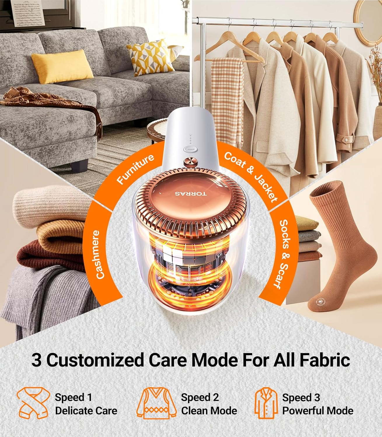 TORRAS Fabric Shaver Lint Remover, Rechargeable Electric 3-Speed Sweater Shaver Remove Fuzz, Pilling for Cashmere, Wool, Coat, Furniture, Clothes depiller with Replacement Blades, Pearl White