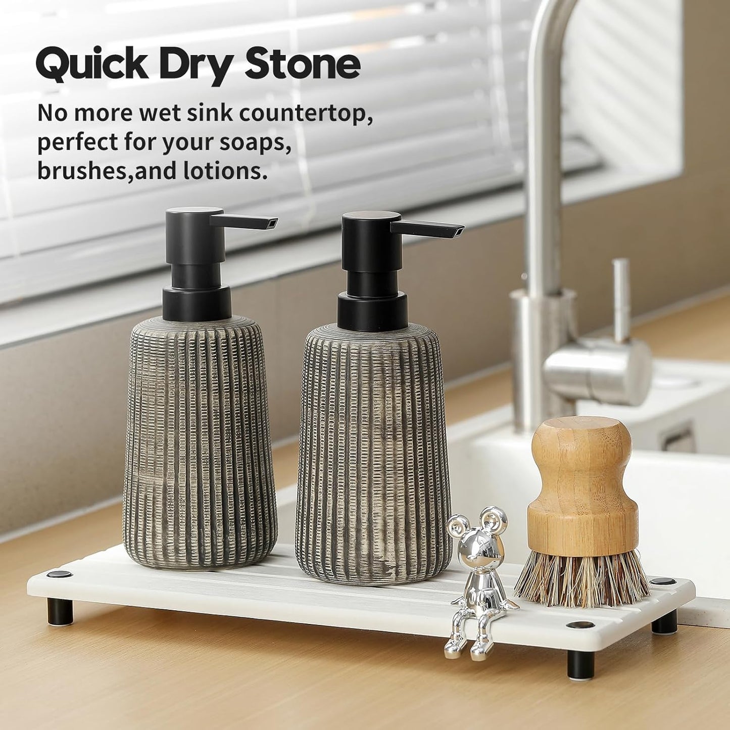 Instant Dry Sink Caddy Kitchen Sink Organizer, Quick Drying Stone Tray Diatomite Sponge Holder Soap Dish, Bathroom Countertop Fast Dry Water Absorbing Vanity Rack, White, 12" x 5"