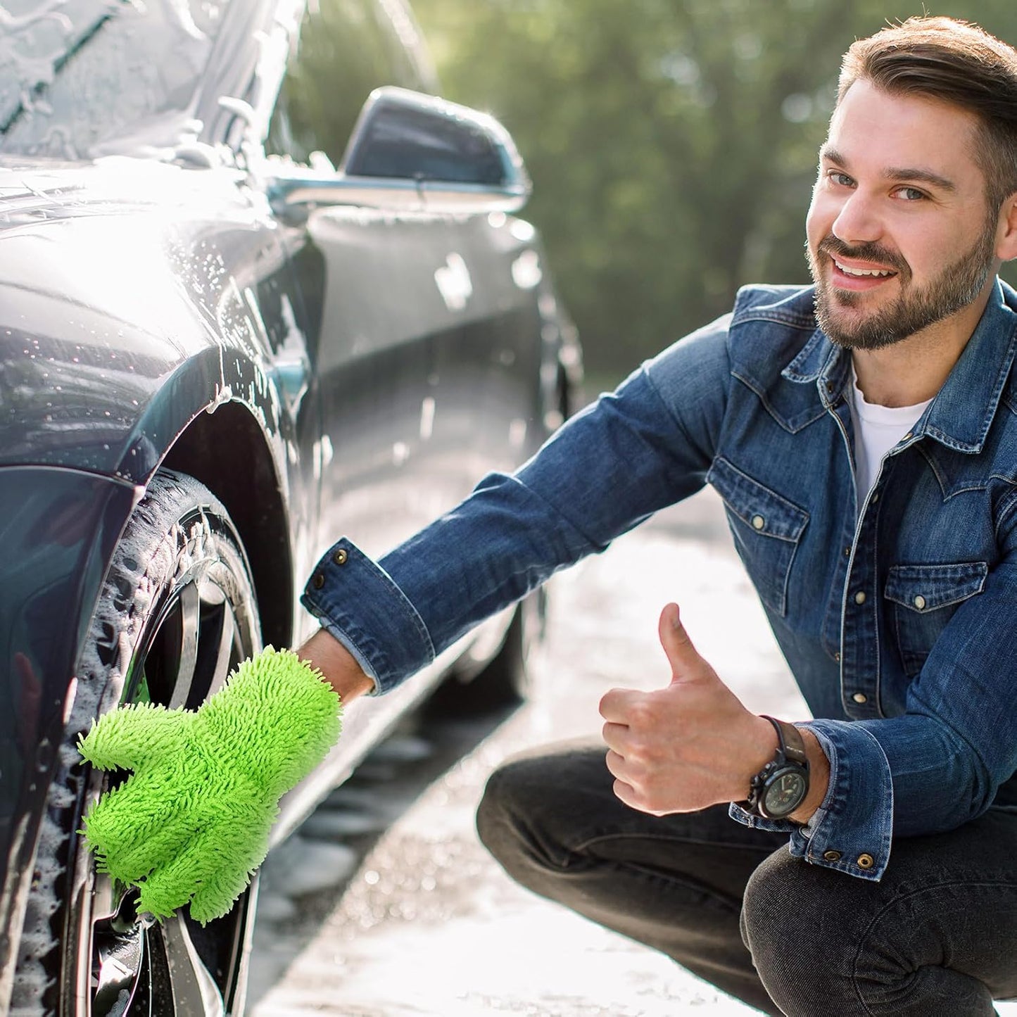 Ferraycle 2 Packs Car Wash Mitt 5 Finger Microfiber Wash Mitts Auto Car Dusting Gloves Double Sided Cleaning Gloves for Kitchen Home(Blue and Black)