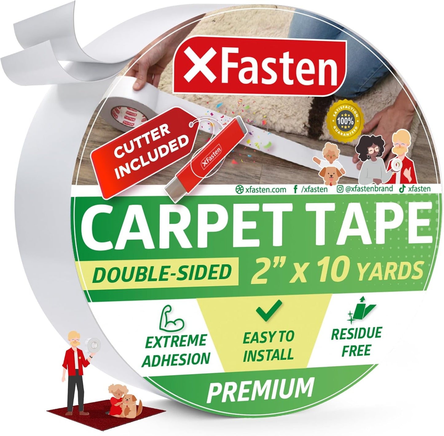 XFasten Double Sided Carpet Tape for Area Rugs, 2 Inch x 10 Yards w/Mini Cutter – Heavy Duty Anti Slip Rug Grip Tape, Works as Rug Gripper, Wood Safe, Easy Removal for Hardwood and Laminate Floors