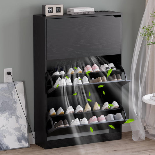 Shoe Cabinet with Odor Control and Back Panels, Deodorizing Slim 3-Flip Shoe Storage Cabinet for Entryway, Freestanding Hidden Shoe Rack Organizer for Entrance, Hallway, Bedroom