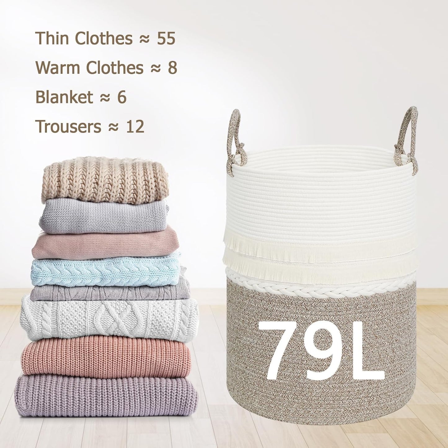 danpinera 79 L Large Laundry Basket, Tall Woven Cotton Storage Hamper with Handles, Dirty Clothes Hamper in Bathroom, Decorative Storage Basket for Living Room White & Brown