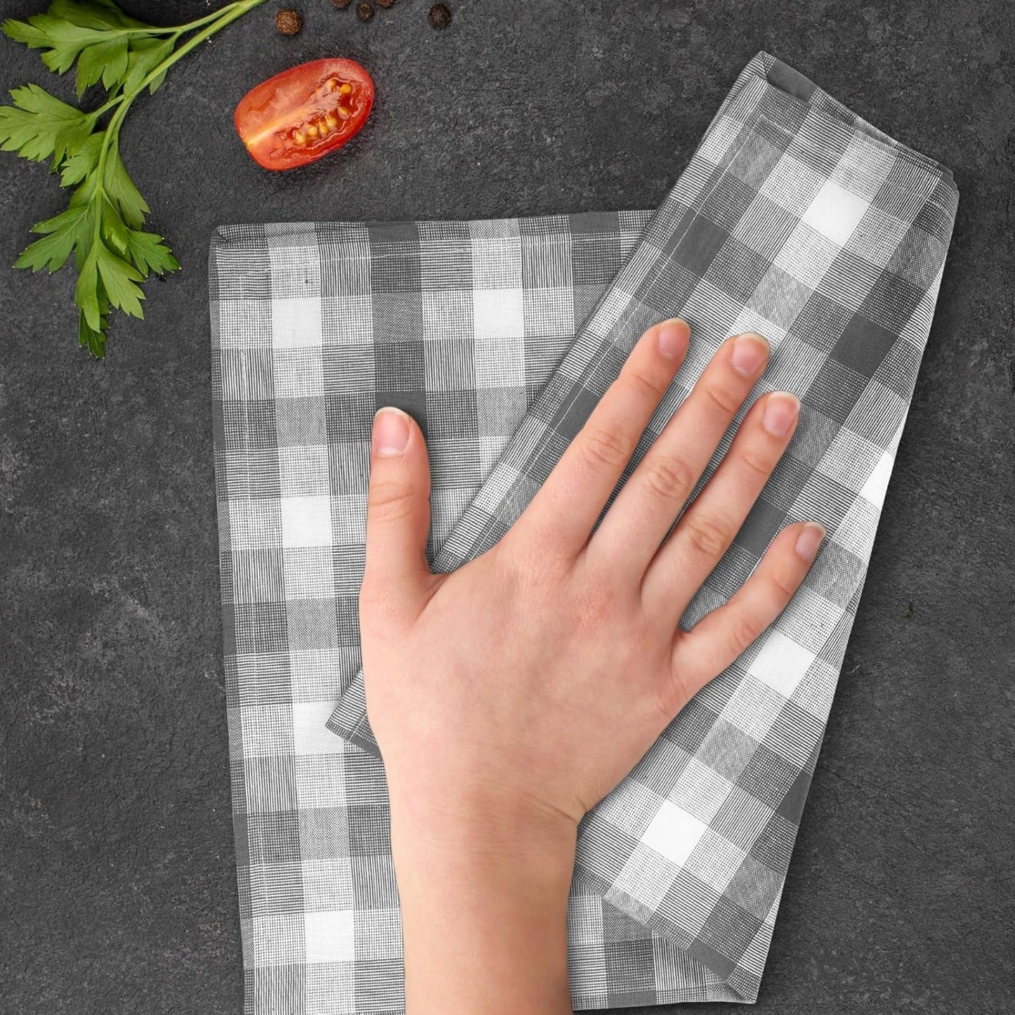 Kitchen Towels Set of 6 Grey/White Checks 20x30 Inches 100% Cotton Highly Absorbent Kitchen Towels