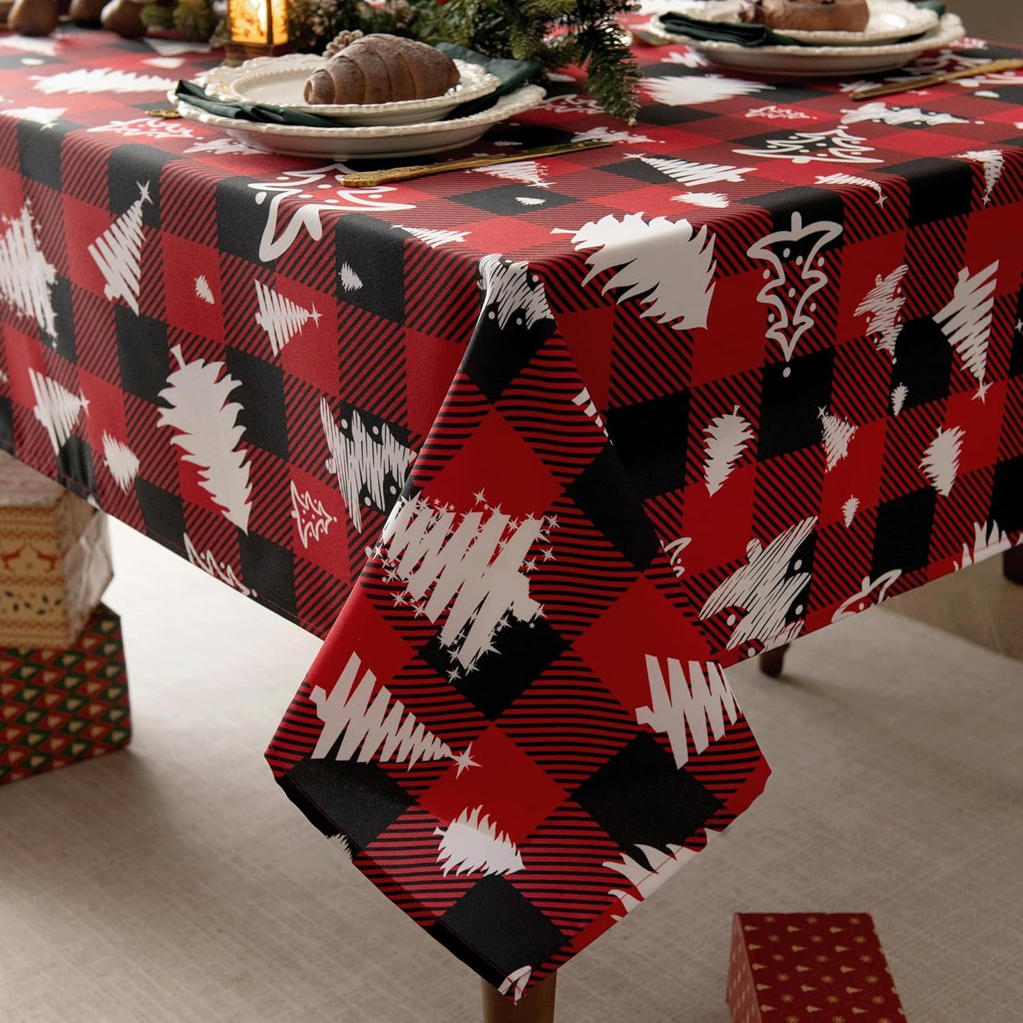 Red Waterproof Plaid Christmas Tree Tablecloth Fabric - Square 58x58 Inch Classic Gingham Checker Holiday Table Cloth for Indoor Use - Xmas Table Cover for Picnics, BBQs, and Parties