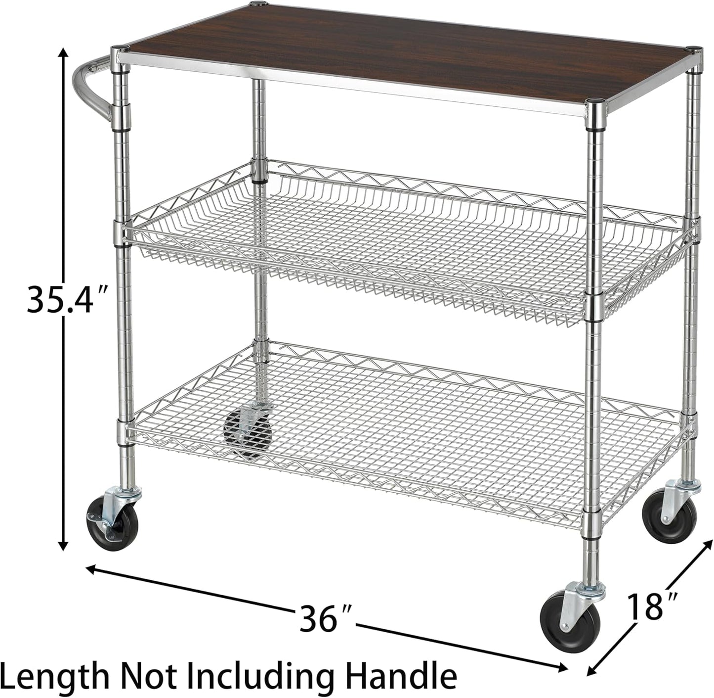 Finnhomy 3 Tier Heavy Duty Commercial Grade Utility Cart with Wood Top, Wire Rolling Cart with Wheels and Handle Bar, Kitchen Carts on Wheels, 18x36x35.4 H Metal Cart with 600 LBS Capacity, Chrome