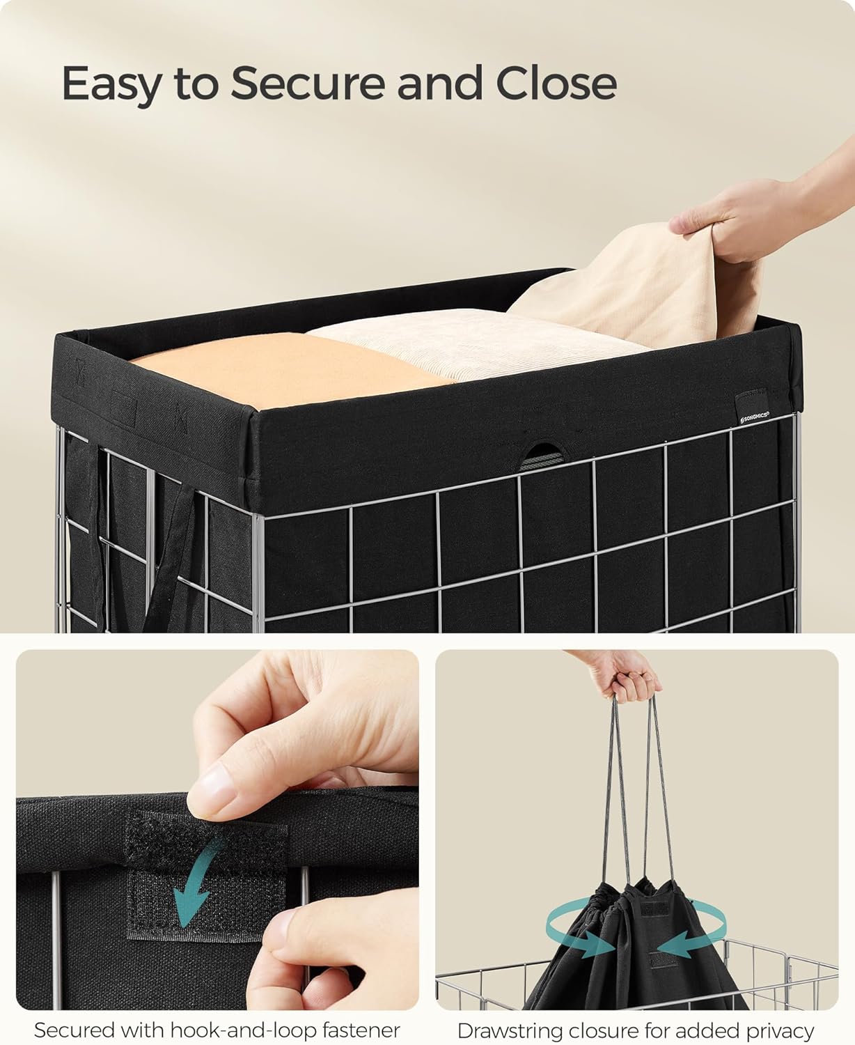 SONGMICS 29 Gal. (110L) Laundry Basket, Laundry Hamper, Collapsible Clothes Hamper, Removable and Washable Liner, Metal Wire Frame, for Bedroom Bathroom, Silver and Classic Black ULCB111B01