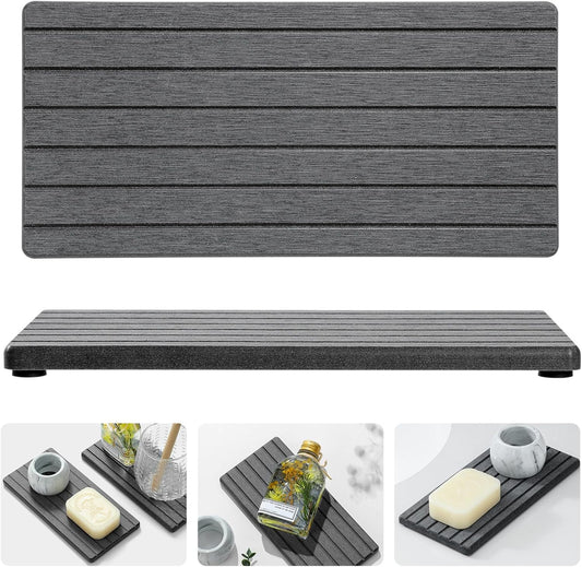 2PCS Diatomite Quick Stone Drying Tray Mat For Bathroom & Kitchen Counter, Instant Dry Water Absorbent Drink Bar Coaster,Vanity Sink Caddy Organizer,Dish Soap Sponge Holder, Dark Gray,8"x3.8"