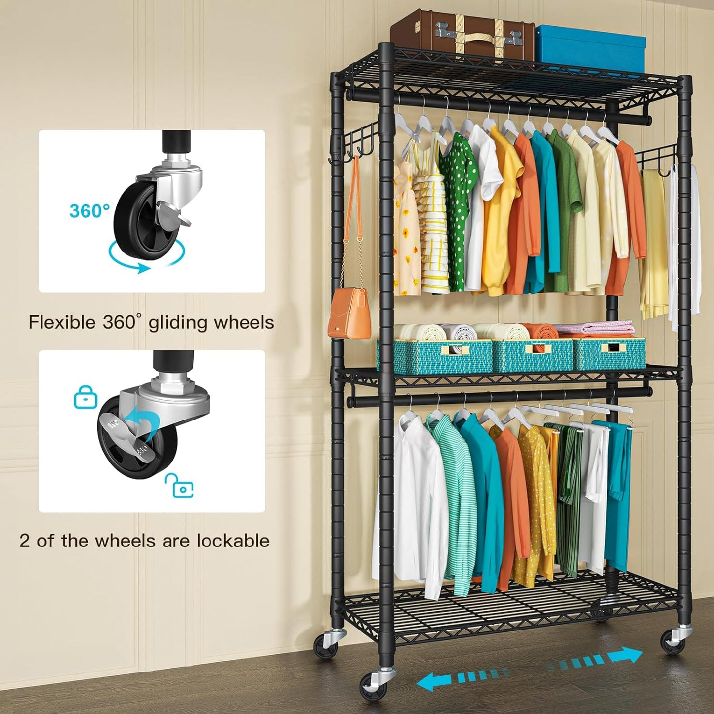 FUTASSI P1 Heavy Duty Garment Rack, 3 Tiers Adjustable Rolling Metal Closet Organizer with Lockable Wheels, FreeStanding Wardrobe with Double Hanger Rods & 1 Pair Hooks, Max Load 450 LBS, Black