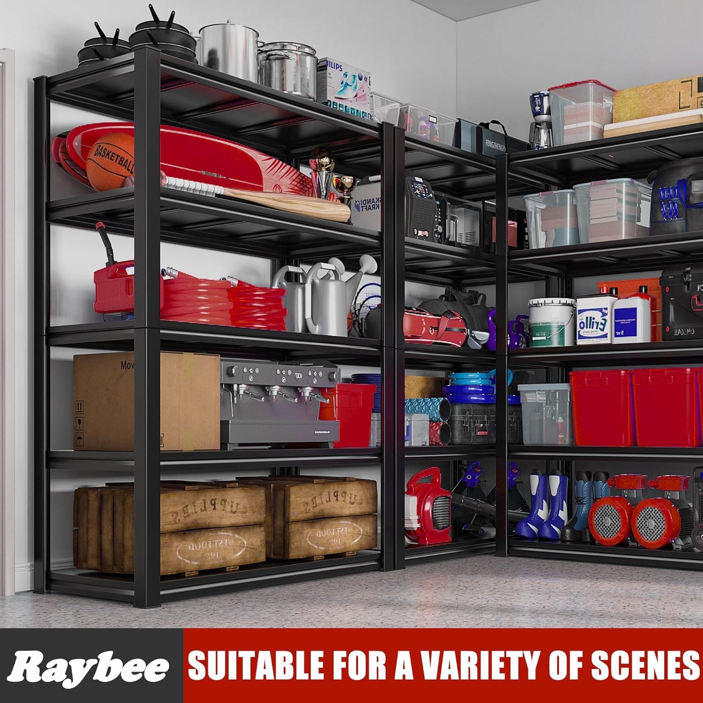Raybee Garage Shelving 2000LBS Storage Shelves Adjustable Metal Shelves 5 Tier Heavy Duty Shelving Metal Shelf for Basement Pantry Kitchen 32" W x 16.5" D x 63" H