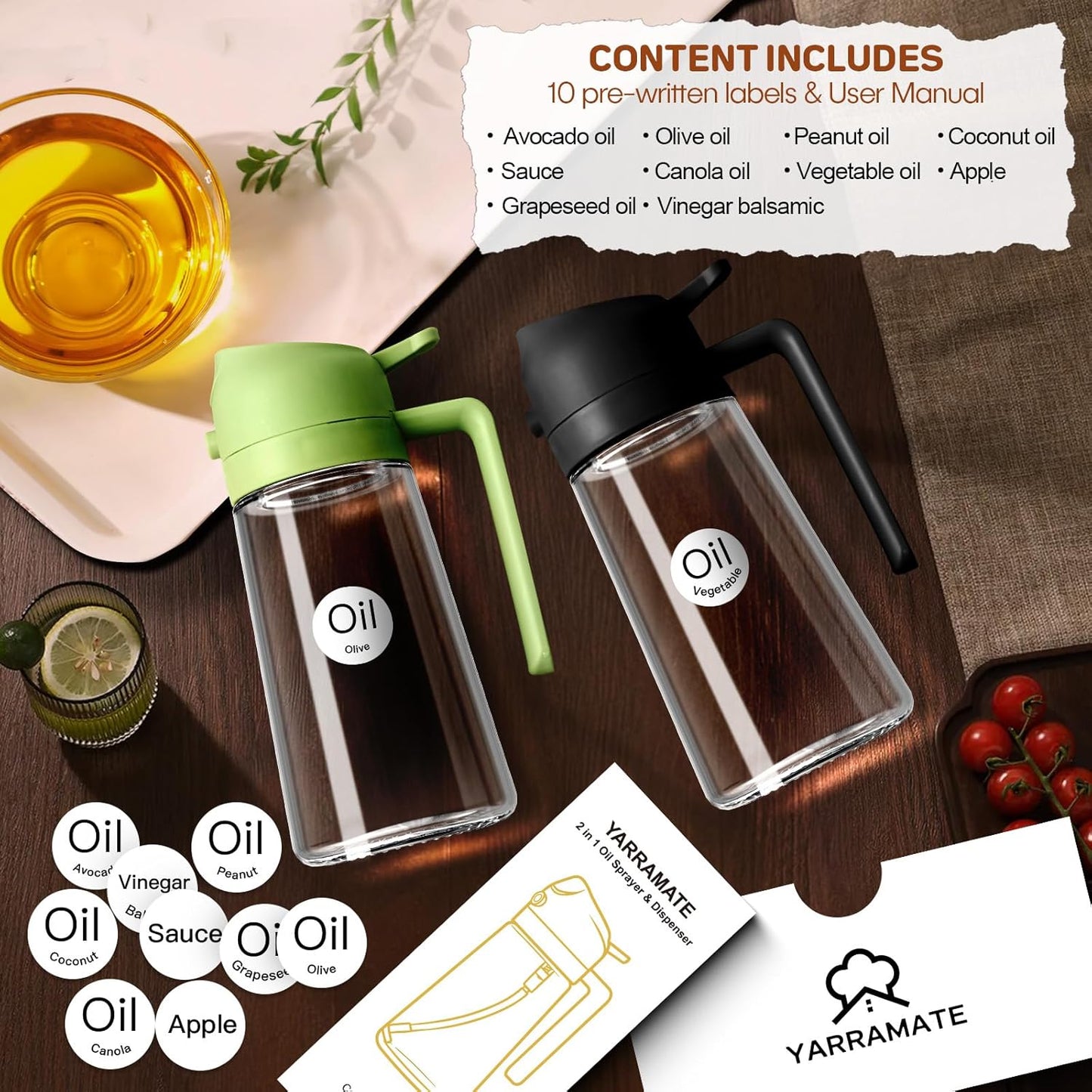 YARRAMATE 16oz/470ml Glass Olive Oil Sprayer for Cooking with Stickers, 2 in 1 Oil Dispenser for Kitchen Gadgets, Food Grade Premium Spray Bottle with Portion Control for Salad, Frying, BBQ (Green)