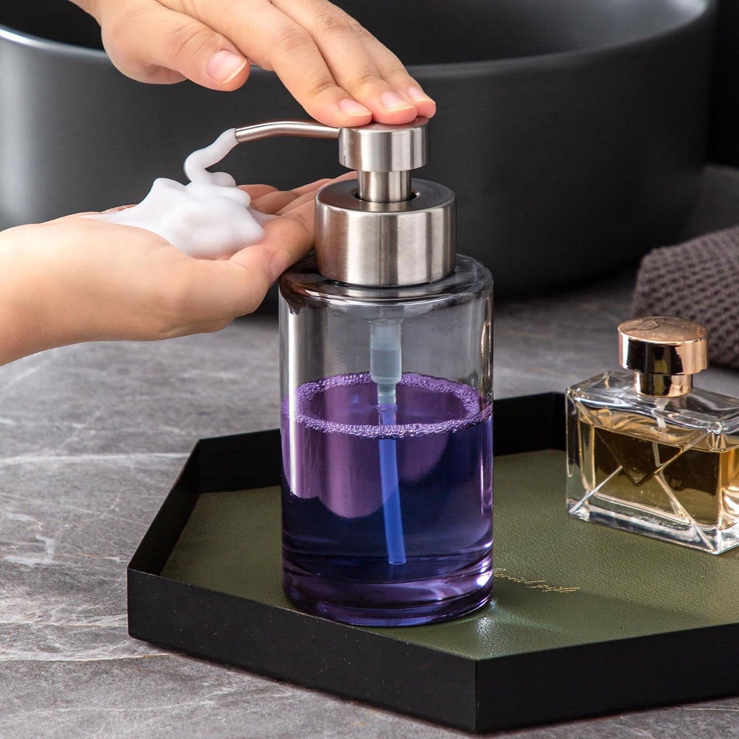 Enra Foaming Soap Dispenser, 12oz Thick Glass Body with Stainless Steel Pump, Bathroom & Kitchen (Silver Foam Dispenser)