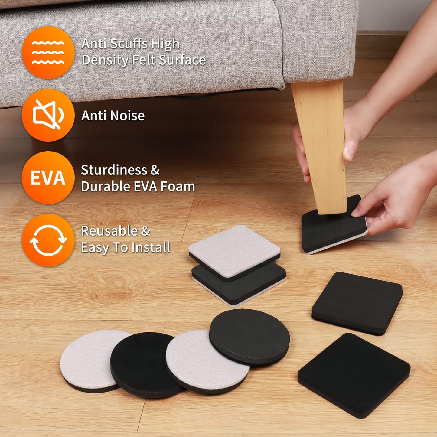 Ezprotekt 3.5" Felt Furniture Movers Sliders for Hardwood & Vinyl Floors, 16 Pcs Square Reusable Felt Furniture Moving Pads for Heavy Duty Sofa Bed Couch Cabinet, Move Items and Quickly (Black)