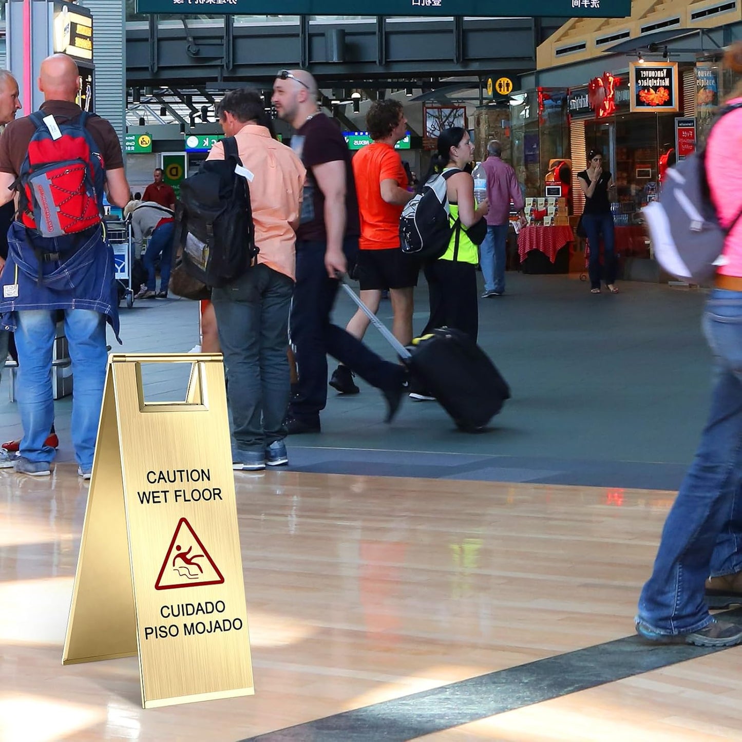 LEIFIDE 4 Pcs Stainless Steel Wet Floor Caution Sign Bulk 8.8 Pound Portable Foldable Handle Bilingual Safety Sign for Kitchen Restaurant Shop Commercial Use Avoid Fall and Slip Accident (Gold)