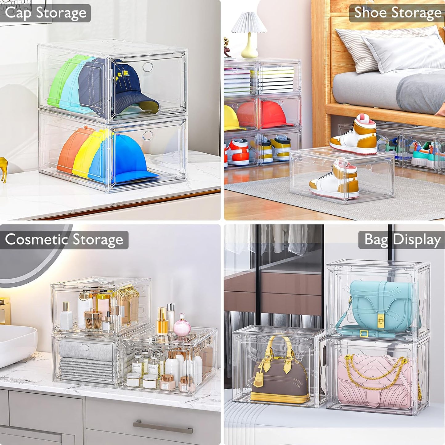 Thicken & Sturdy Clear Shoe Storage Organizer with Magnetic Door, Stackable Boxes for Closet, Foldable Space-Saving Shoe Rack for Sneaker Boot Container, Plastic Shoe Cabinet Shoe Box 6 Pack, White