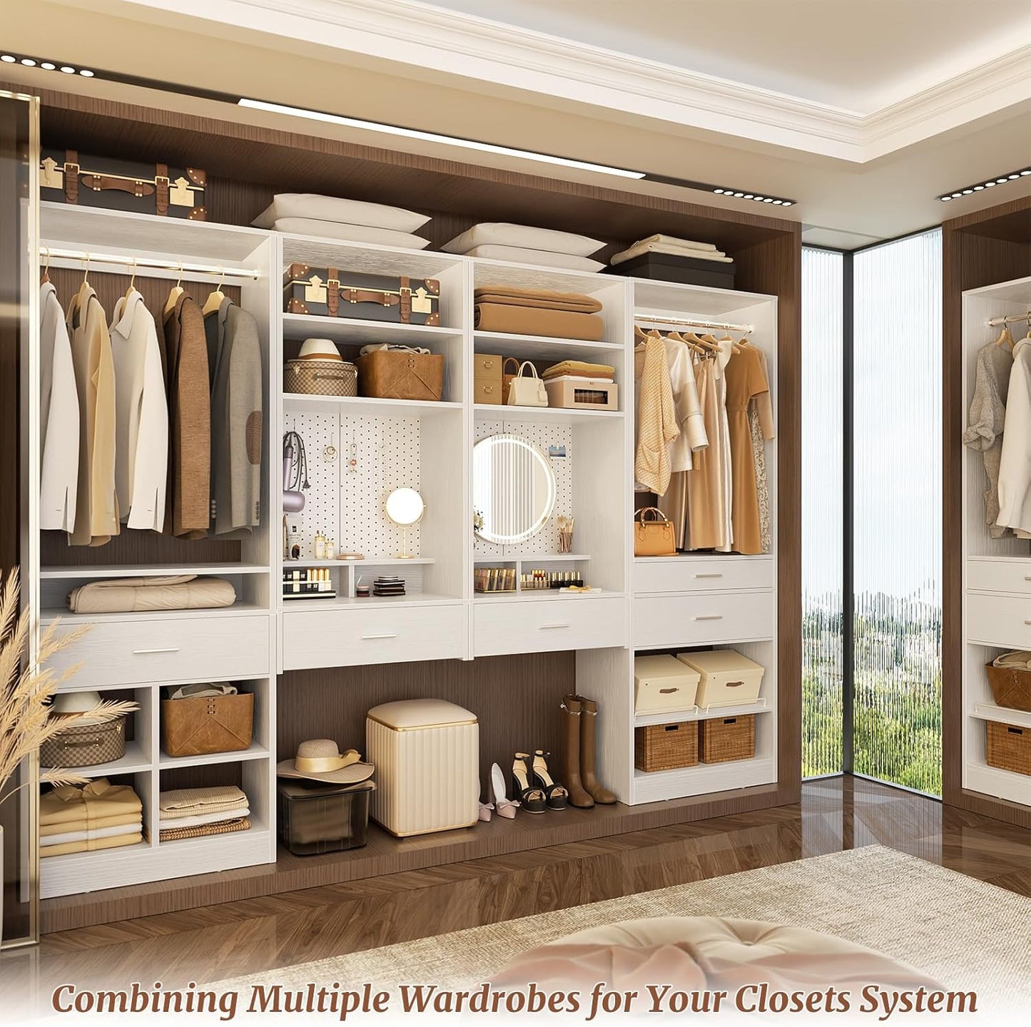 Unikito 75” Modular Closet System, Freestanding Closet Organizer with Hanging Rods and Drawers, Adjustable Clothes Garment Rack with Shoe Rack, Sturdy Walk in Closet Set for Bedroom, Mudroom, White