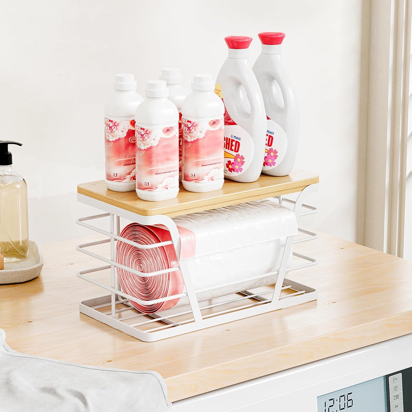 Small Grocery Bag Holder, Trash Bag Dispenser with Removable Bamboo Top, No Drill,White