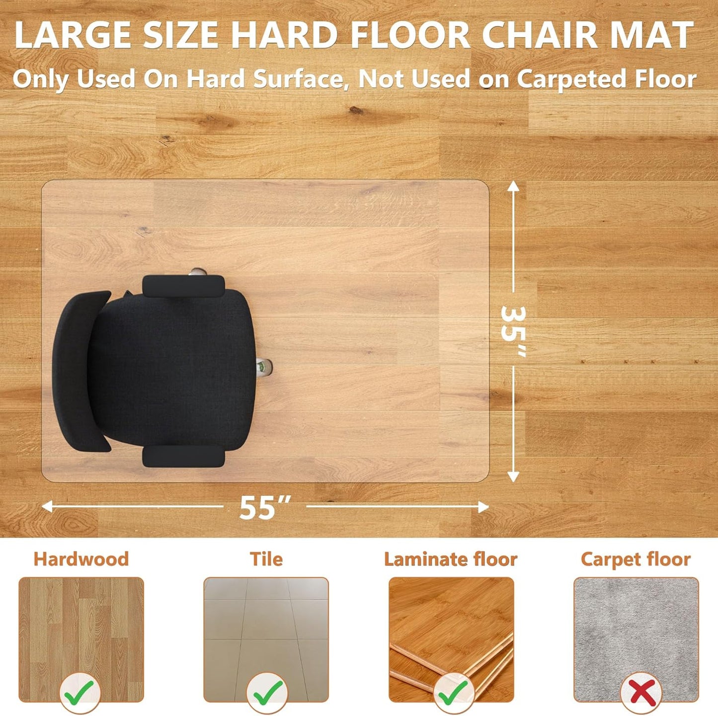Office Chair Mat for Hardwood Floor- 35" x 35" Clear Desk Computer Chair Mat for Hard Wood/Tile Floors, Easy Glide Plastic Mat for Under Office Chairs on Hardwood for Work & Home