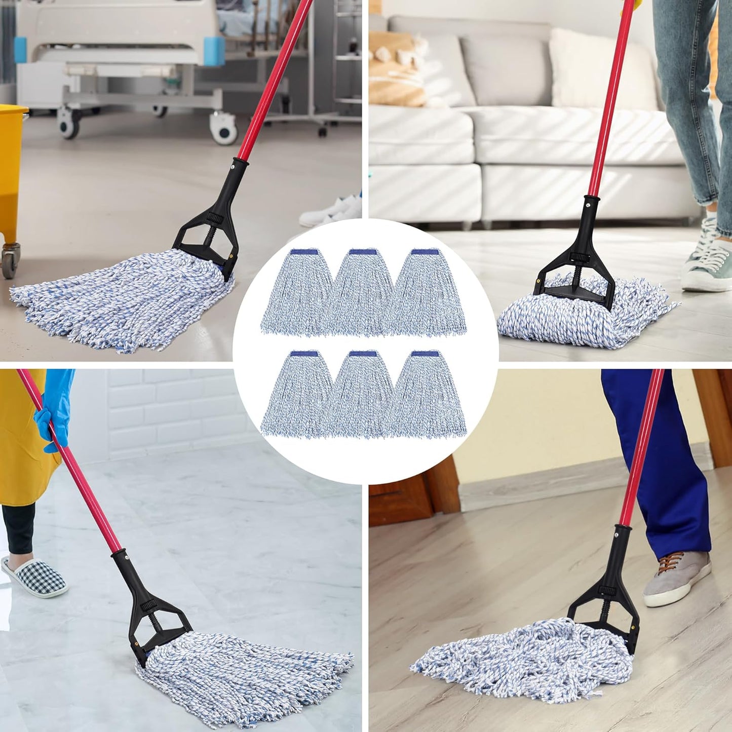 MATTHEW CLEANING Looped-Open Cotton Wet Mop 1.25'' Universal Headband Heavy Duty Commercial Mop Head Replacement for indoor and outdoor Use,Grease Stain Floor Cleaning String Mop Head Refill Pack of 6