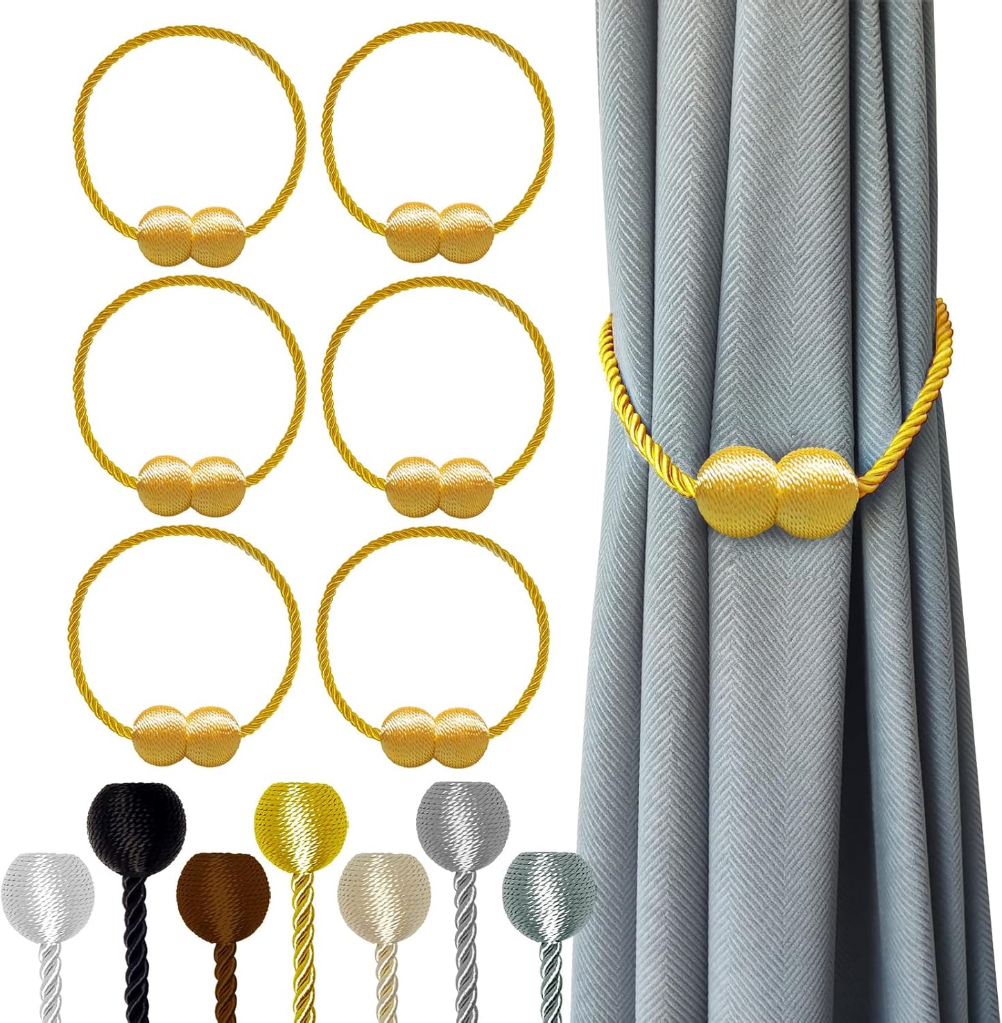 Hion Magnetic Curtain Tiebacks Golden 6 Pack, Curtain Tiebacks Buckles Holdbacks Holders Hooks Clip for Home Bedroom Office Decorative Thick or Thin Curtain